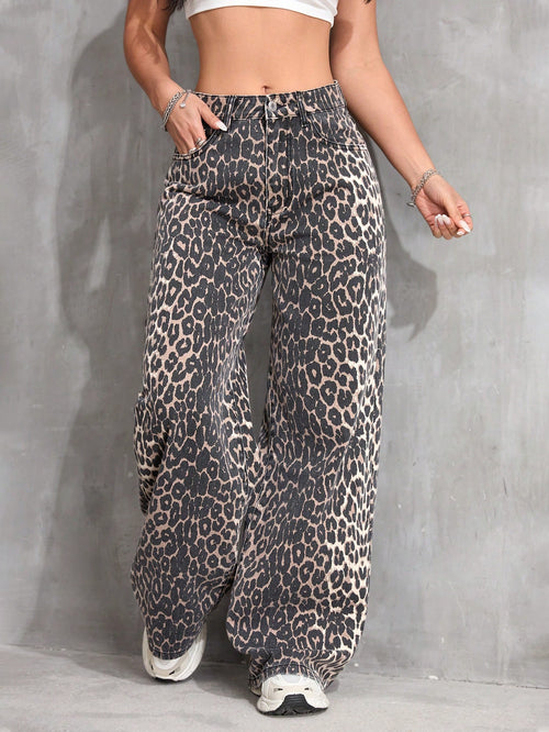 Leopard Print Denim Long Pants, Casual & Fashionable For Everyday Wear