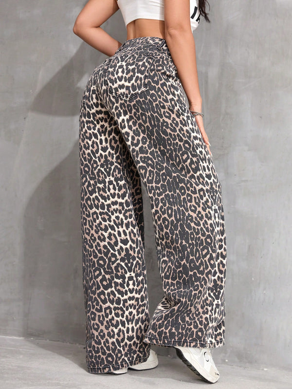 Leopard Print Denim Long Pants, Casual & Fashionable For Everyday Wear