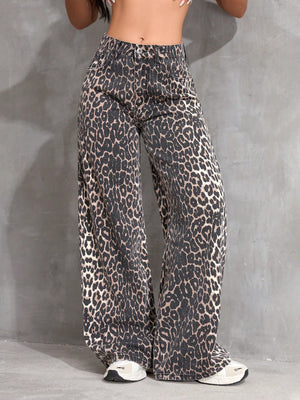 Leopard Print Denim Long Pants, Casual & Fashionable For Everyday Wear