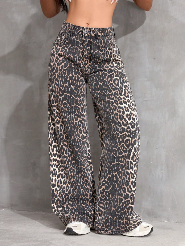 Leopard Print Denim Long Pants, Casual & Fashionable For Everyday Wear