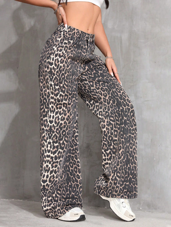 Leopard Print Denim Long Pants, Casual & Fashionable For Everyday Wear