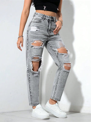 SHEIN ICON Women's Loose Straight Leg Ripped Pockets Casual Washed Denim Jeans