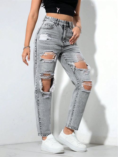 SHEIN ICON Women's Loose Straight Leg Ripped Pockets Casual Washed Denim Jeans