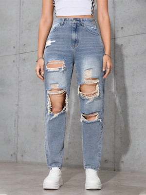 SHEIN ICON Women's Loose Straight Leg Ripped Pockets Casual Washed Denim Jeans