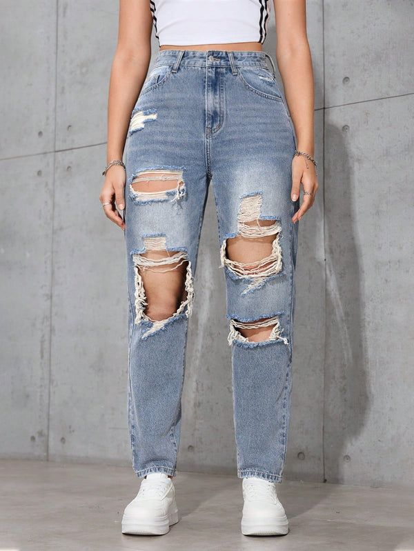 SHEIN ICON Women's Loose Straight Leg Ripped Pockets Casual Washed Denim Jeans