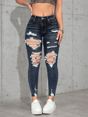 SHEIN PETITE Women's Ripped Denim Jeans, Minimalist Fashion, Suitable For Summer
