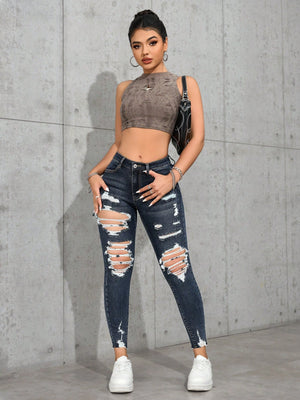 SHEIN PETITE Women's Ripped Denim Jeans, Minimalist Fashion, Suitable For Summer
