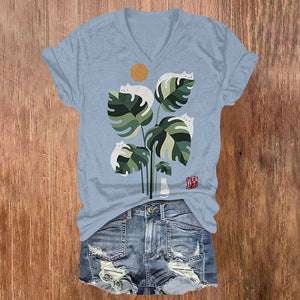 Abstract Creative Cute Cat And Plant Sun Painting Art V-neck T-shirt