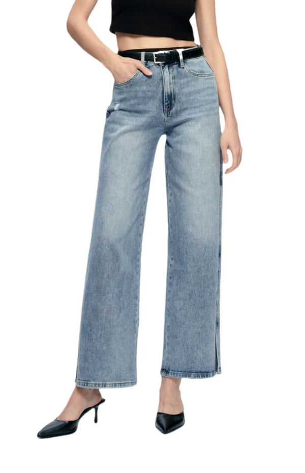 High Rise Stretch Wide Leg Side Slit Grinding Jeans