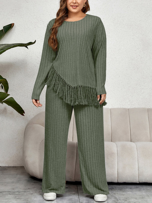 Fringed Long Sleeve Top Loose Wide Leg Pants Set