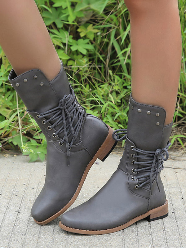 Lace-up PU Studded Boots