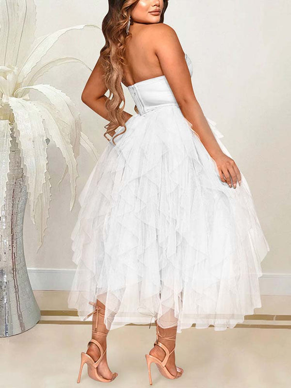 Rhinestone Tube Tulle Prom Midi Dress