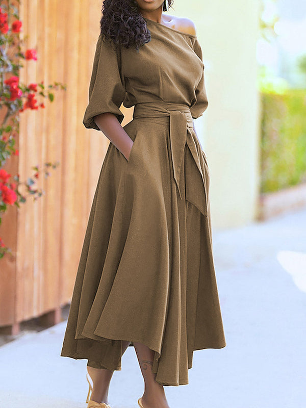 Oblique Neckline Half Sleeve Maxi Dress