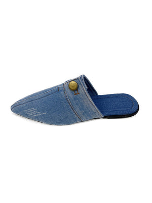 Button Decor Pointed Toe Denim Flat Slides