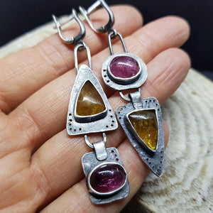 Triangle Metal Pendant Stone Earrings