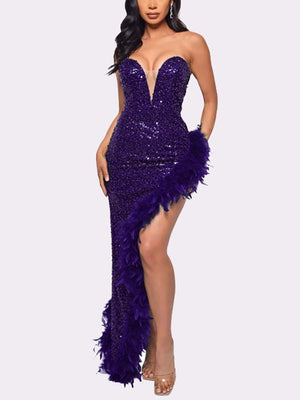 Sequin Feather Trimmed Dress