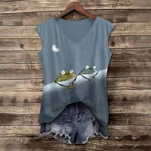 Simple Frog Color Block Print V-neck Tank Top