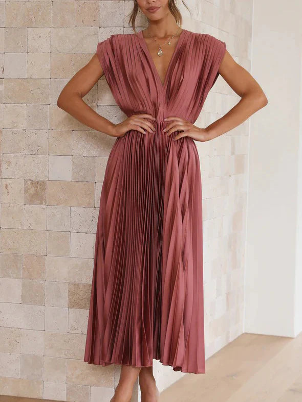 Sleeveless V Neck Pleated Maxi Dress