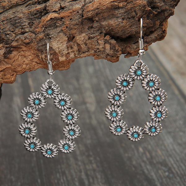 Retro Water Drop Shaped Turquoise Flower Earrings