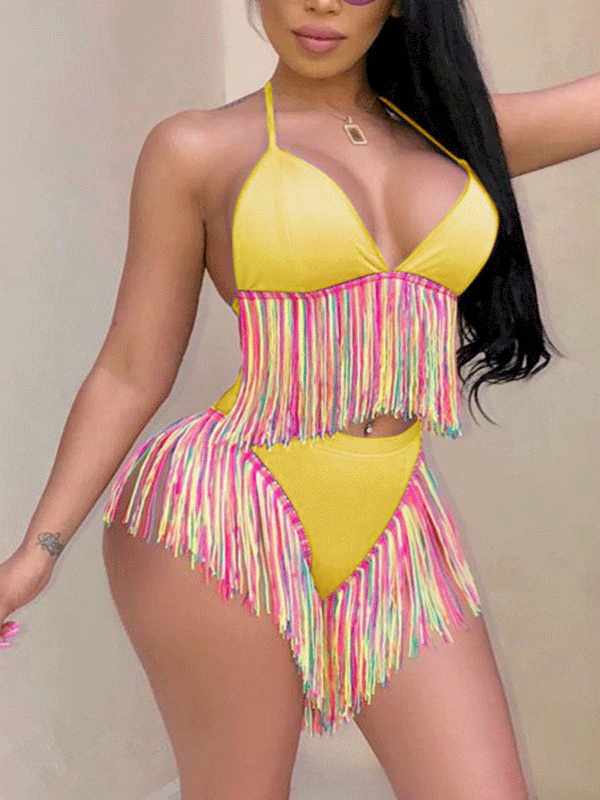 Multicolor Fringe Halter Bikini