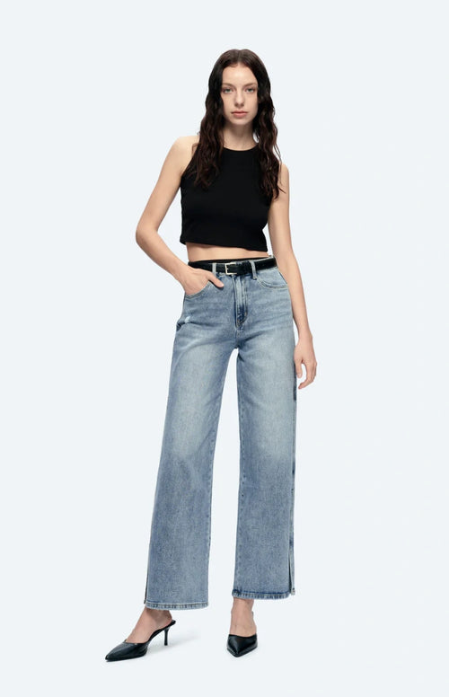 High Rise Stretch Wide Leg Side Slit Grinding Jeans