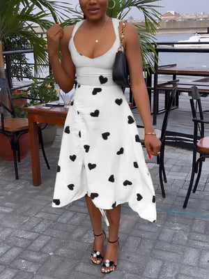 Heart Printed Drawstring Ruched Midi Dress