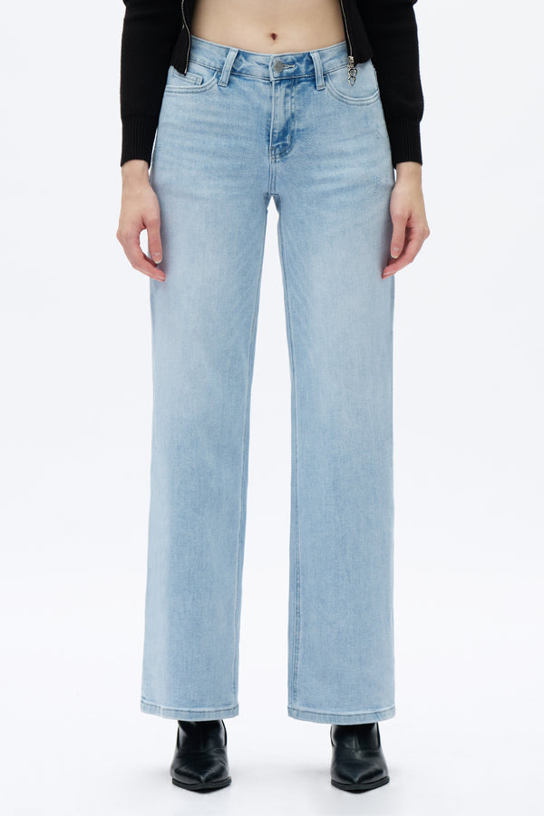 ONESO Women Mid-Low Rise Baggy Jeans Wide Leg Distressed Pants Stretchy Bottom Lady Basic Comfortable Denim