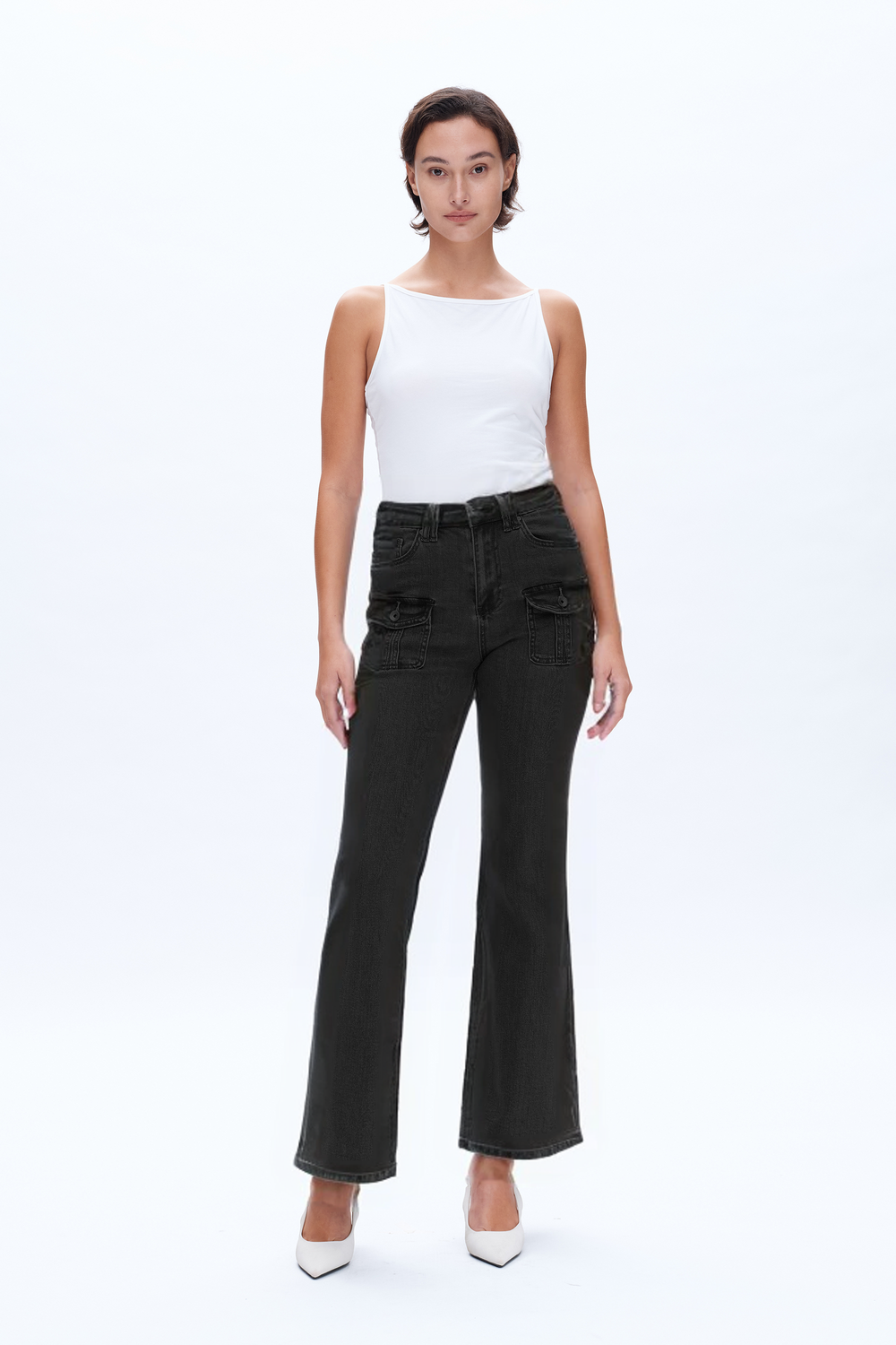 High Rise Relaxed Flare with Front Cargo Pockets