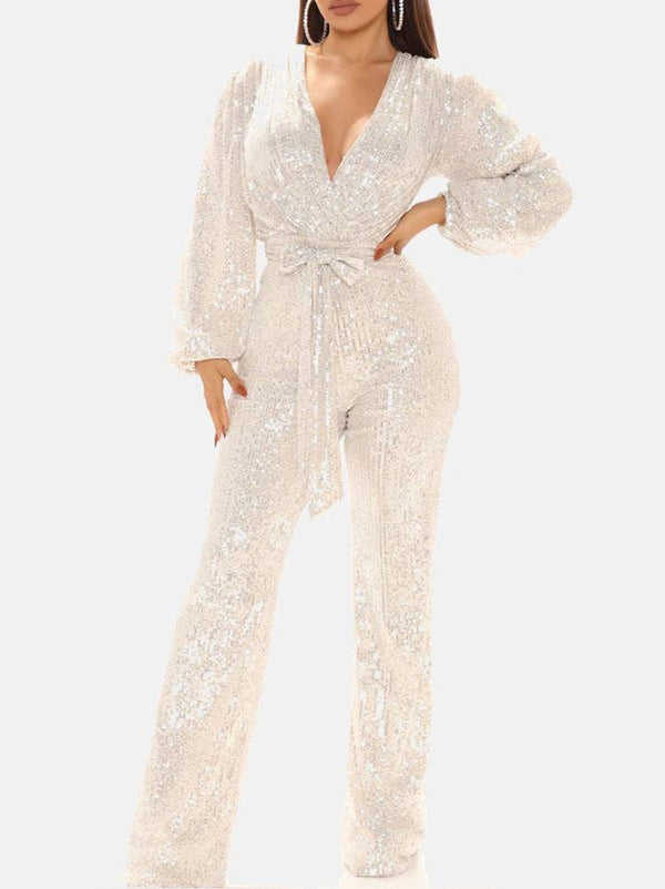 Sequin Long Sleeve V Neck Jumpsuit