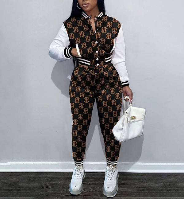 Printed Patchwork Long Sleeve Baseball Jacket Two Piece Set