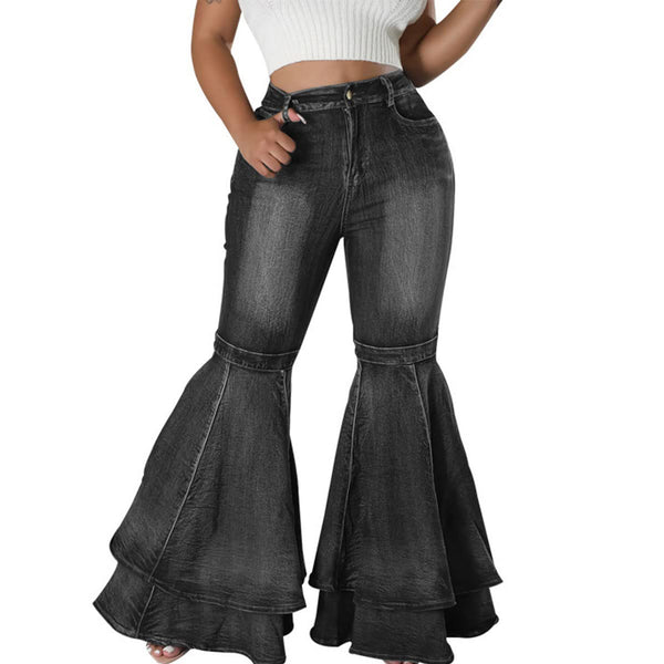 Denim High Waist Ruffle Flare Jeans