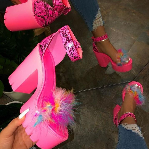 Feather Patchwork Chunky Platform Heels