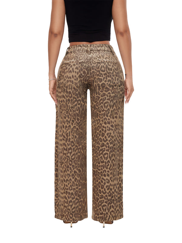 ONESO Women BBL Jeans Leopard Print Mid-Low Waist Relaxed Straight High Stretchy Pants