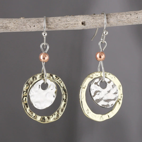 Simple Coin Circle Overlapping Two Tone Earrings
