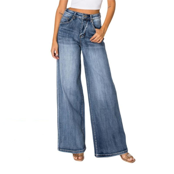 Women High Rise Stretch Straight Leg Baggy Jeans SH25F012