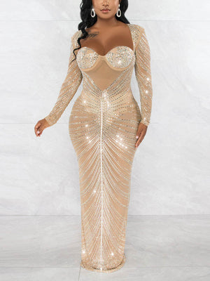 Mesh Sheer Rhinestone Long Sleeves Dress