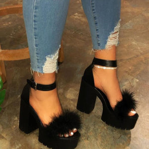 Feather Patchwork Chunky Platform Heels