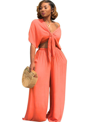 Two Piece Bowknot Tie Front Crop Top+Wide Leg Pant Sets