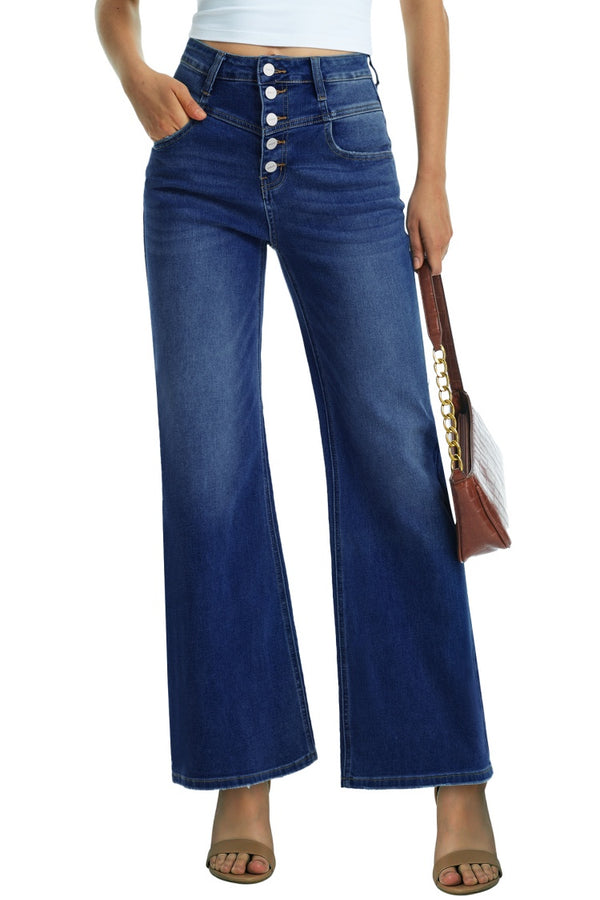 Women Flare Jeans High Waisted Button Fly Wide Leg