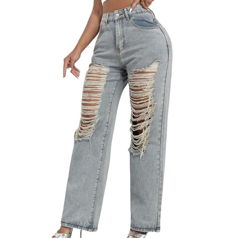 High Waisted Straight Leg Ripped Hole Baggy Denim Pants B241DE0013