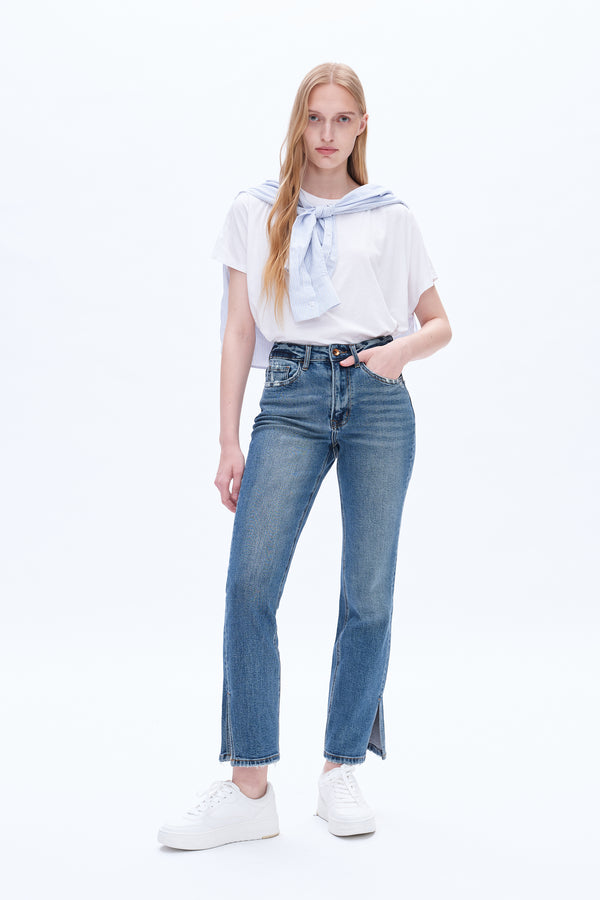 Women High Rise Stretch Straight Leg Distressed  Grinding Jeans With Side Slits BYT5162