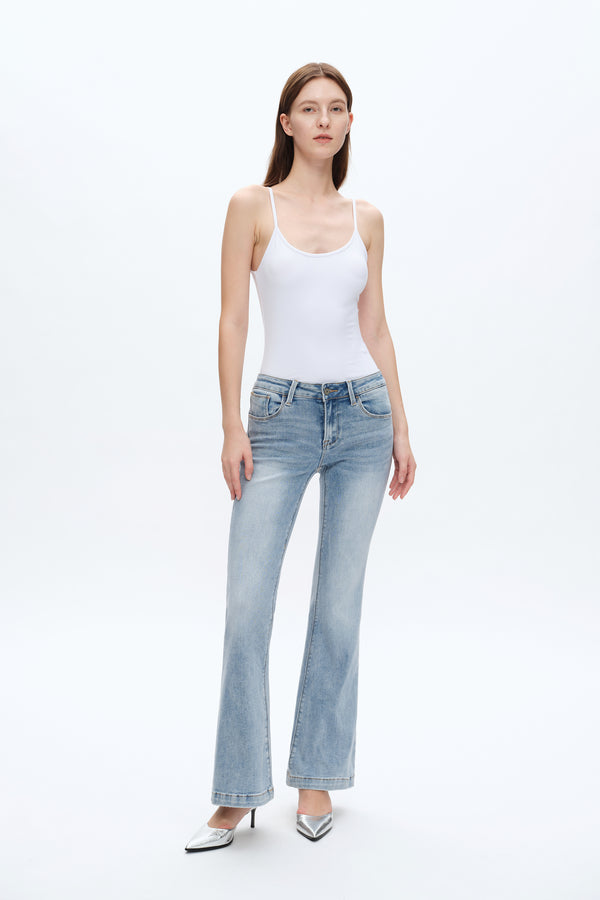 Women Mid Waisted Stretch Flare Jeans With Clean Hem BYF1023