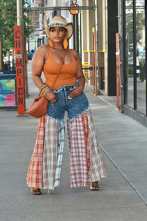 Plaid Wide Leg Spliced Jeans