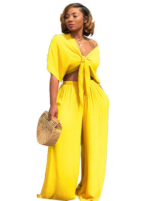 Two Piece Bowknot Tie Front Crop Top+Wide Leg Pant Sets