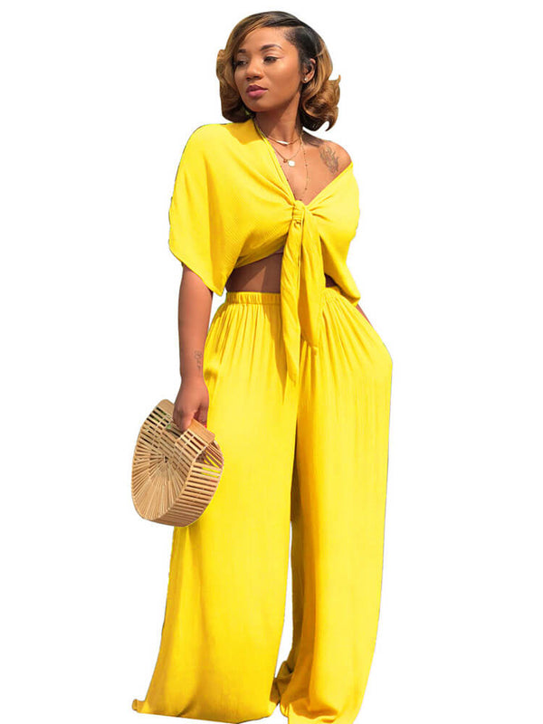 Two Piece Bowknot Tie Front Crop Top+Wide Leg Pant Sets