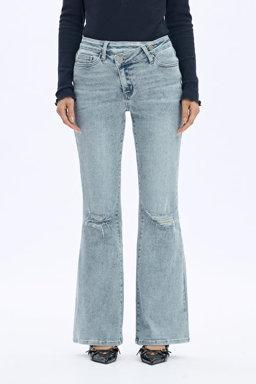 SHAPUM Women High Waist Ripped Bootcut Flare Jeans