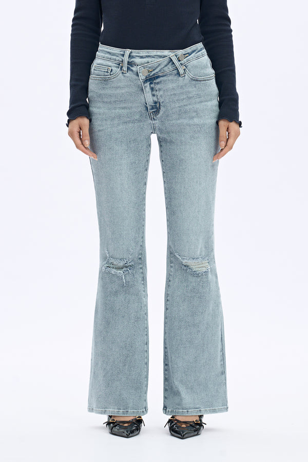 SHAPUM Womens High Waisted Ripped Bootcut Jeans Western Stretchy Bell Bottom Tummy Control Jean Trendy Flare Jeans