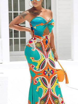 Vacation Strapless Print Beach Dress