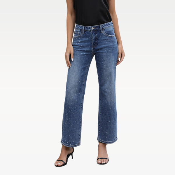 SHAPUM Women's Wide Leg Jeans High Waist Straight Leg Jeans Trendy Stretchy Casual Denim Pants with Sequins 90s