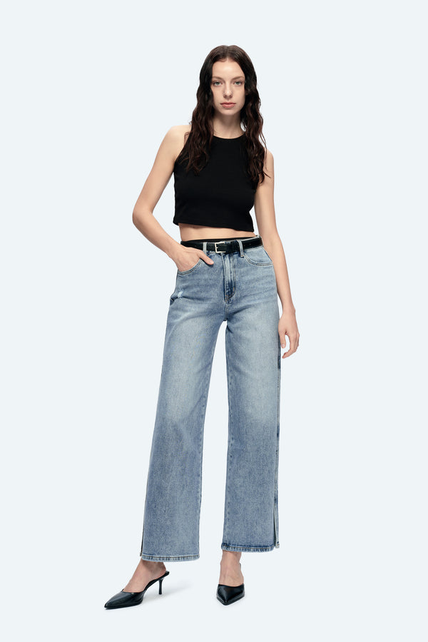 Women High Rise Stretch Wide Leg Side Slit Grinding Jeans BYW8037